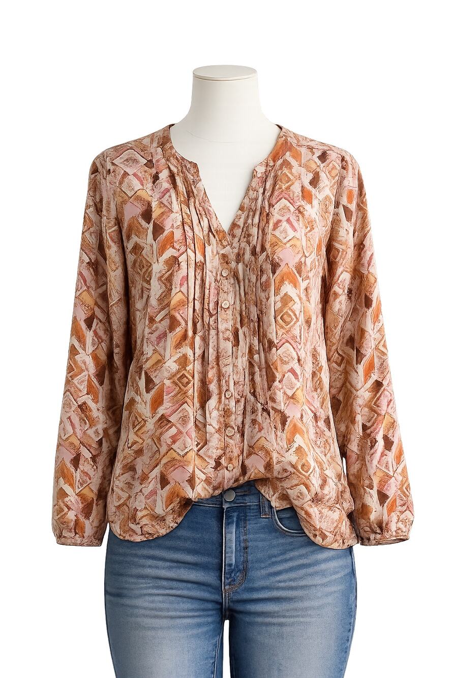 J. Jill Geometric Abstract Pleated Boho Tribal Blouse - Pink/Brown - Size L (P)